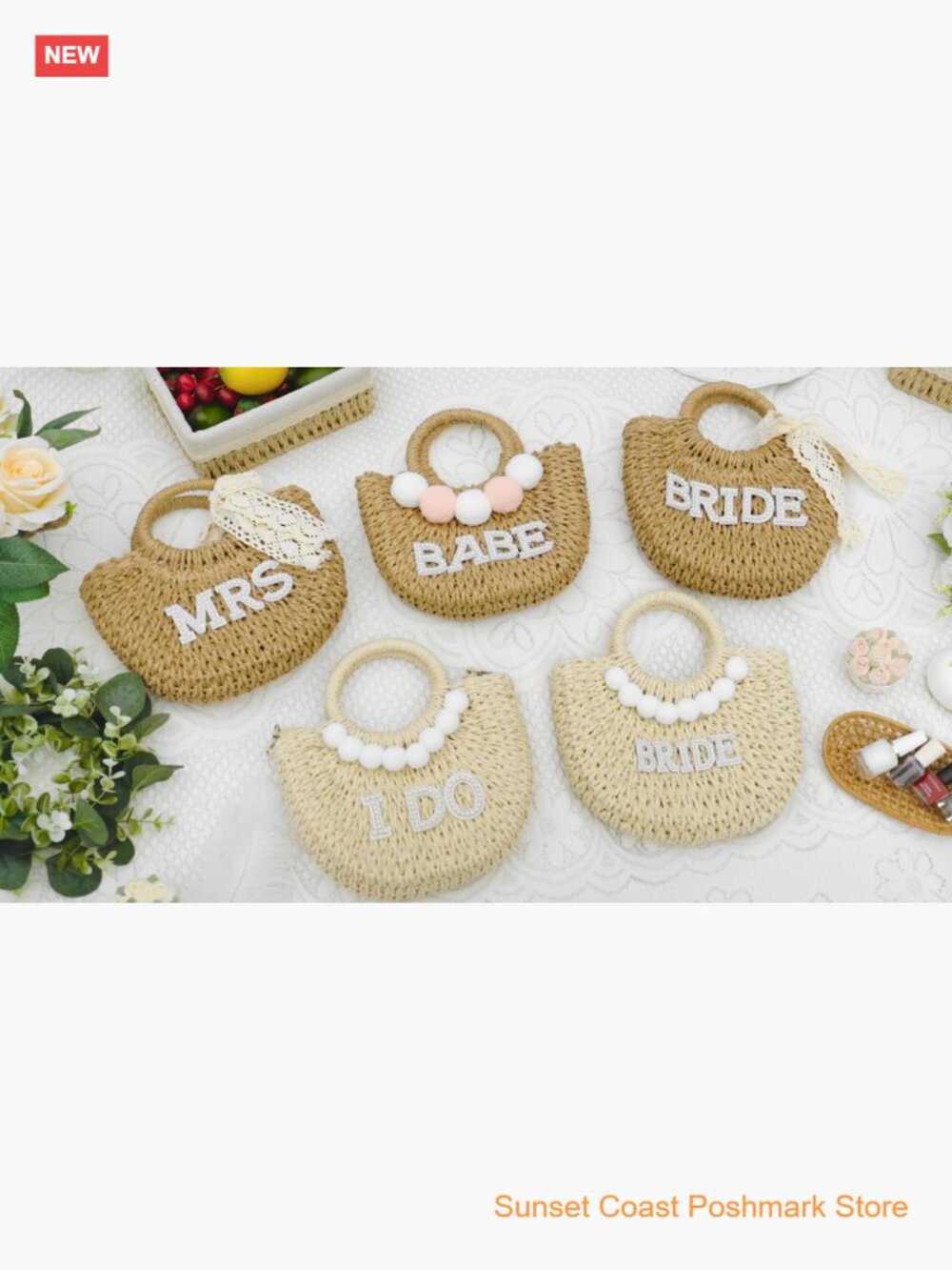 Straw Handwoven Pouch Tote Bride Gift Bag Rhinestone Letter - Picture 7 of 7